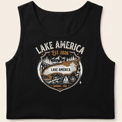 Vintage badge style Lake America T-shirt featuring mountains and compass graphic — printed on a tank top