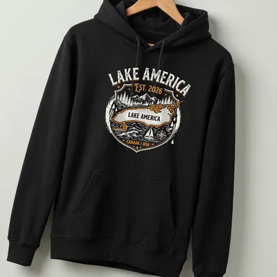 Vintage badge style Lake America T-shirt featuring mountains and compass graphic — printed on a unisex hoodie