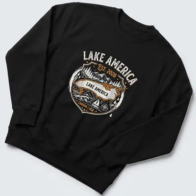Vintage badge style Lake America T-shirt featuring mountains and compass graphic — printed on a unisex sweatshirt