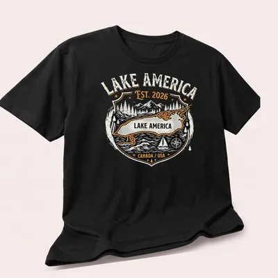 Vintage badge style Lake America T-shirt featuring mountains and compass graphic — printed on a unisex t-shirt (angled view)
