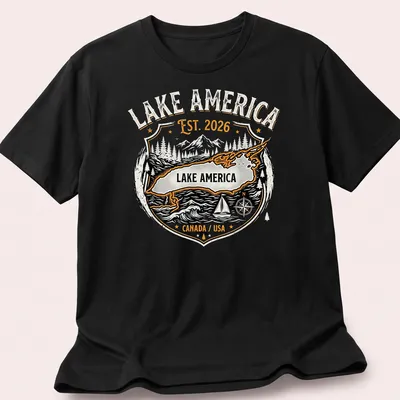 Vintage badge style Lake America T-shirt featuring mountains and compass graphic — printed on a unisex t-shirt