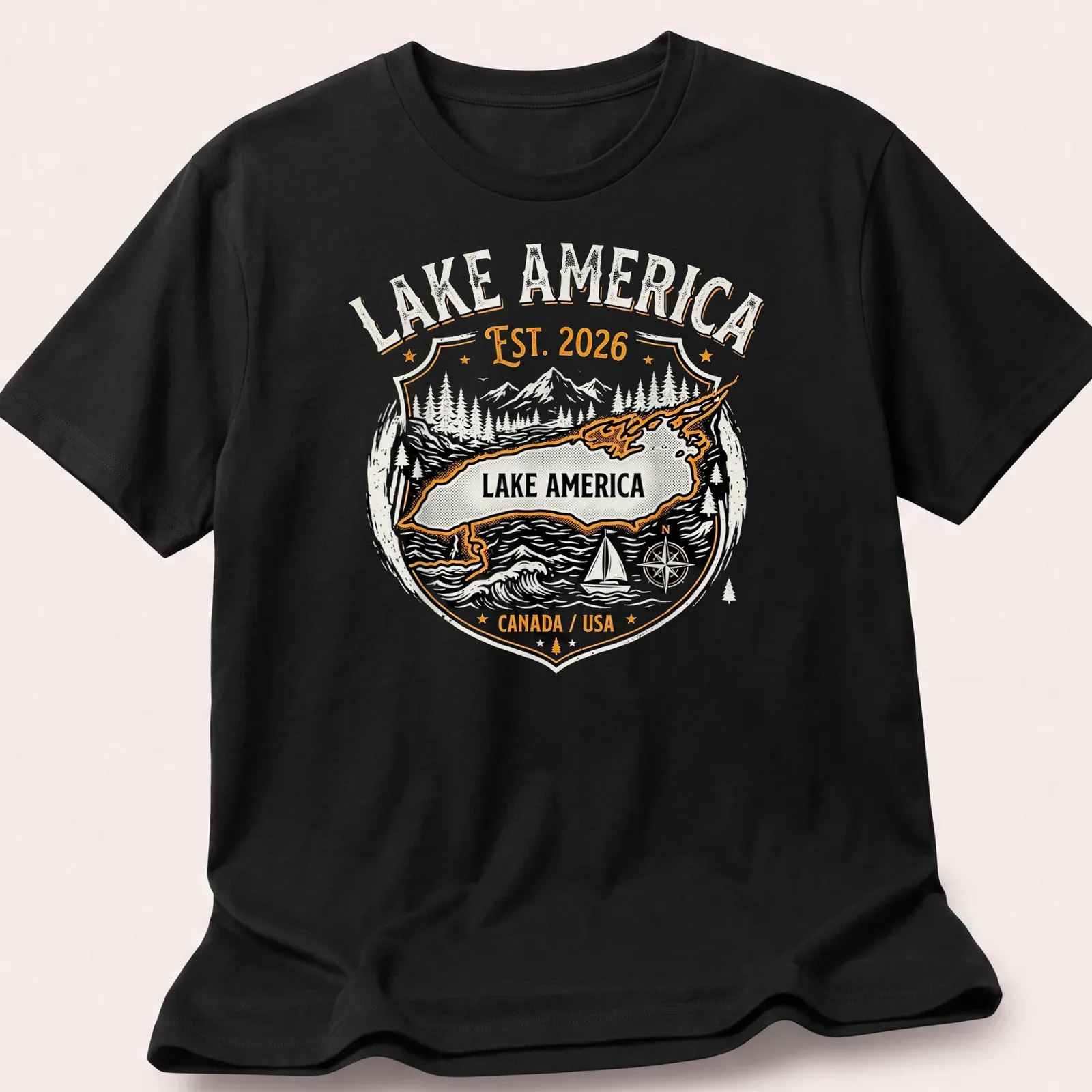 Vintage badge style Lake America T-shirt featuring mountains and compass graphic — printed on a unisex t-shirt