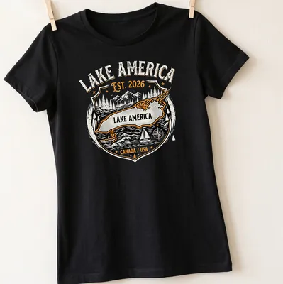 Vintage badge style Lake America T-shirt featuring mountains and compass graphic — printed on a women's shirt