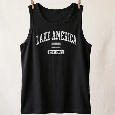 Vintage distressed Lake America shirt with American flag design and established date — printed on a tank top