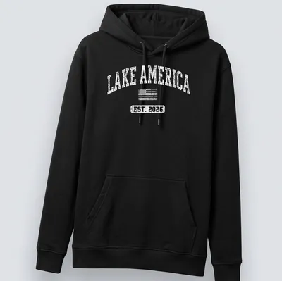 Vintage distressed Lake America shirt with American flag design and established date — printed on a unisex hoodie