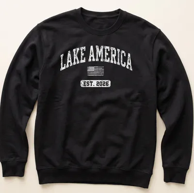 Vintage distressed Lake America shirt with American flag design and established date — printed on a unisex sweatshirt