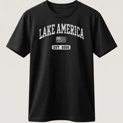 Vintage distressed Lake America shirt with American flag design and established date — printed on a unisex t-shirt