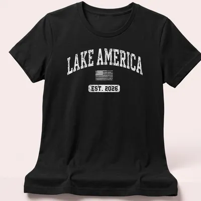 Vintage distressed Lake America shirt with American flag design and established date — printed on a women's shirt