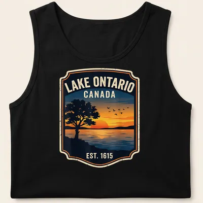 Vintage badge Lake Ontario sunset t-shirt with trees in orange and blue tones — printed on a tank top