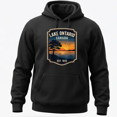 Vintage badge Lake Ontario sunset t-shirt with trees in orange and blue tones — printed on a unisex hoodie