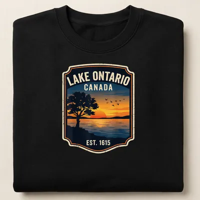 Vintage badge Lake Ontario sunset t-shirt with trees in orange and blue tones — printed on a unisex sweatshirt