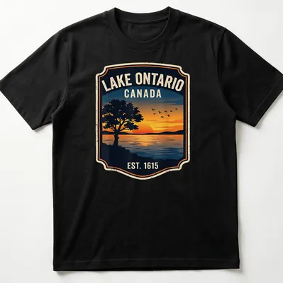 Vintage badge Lake Ontario sunset t-shirt with trees in orange and blue tones