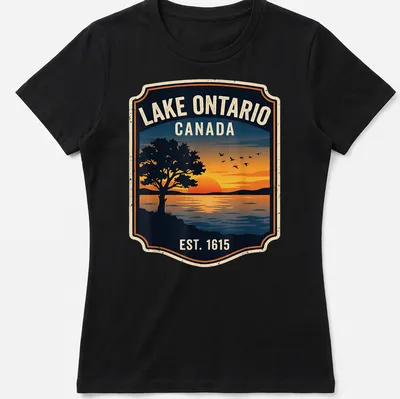 Vintage badge Lake Ontario sunset t-shirt with trees in orange and blue tones — printed on a women's shirt
