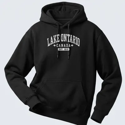 Vintage styled Lake Ontario Canada shirt with established date printed in white — printed on a unisex hoodie