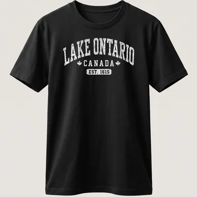 Vintage styled Lake Ontario Canada shirt with established date printed in white — printed on a unisex t-shirt