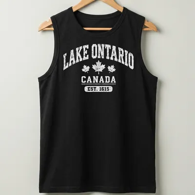 Vintage-style t-shirt featuring Lake Ontario Canada Est. 1615 text — printed on a tank top