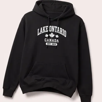 Vintage-style t-shirt featuring Lake Ontario Canada Est. 1615 text — printed on a unisex hoodie