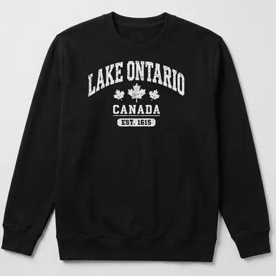 Vintage-style t-shirt featuring Lake Ontario Canada Est. 1615 text — printed on a unisex sweatshirt