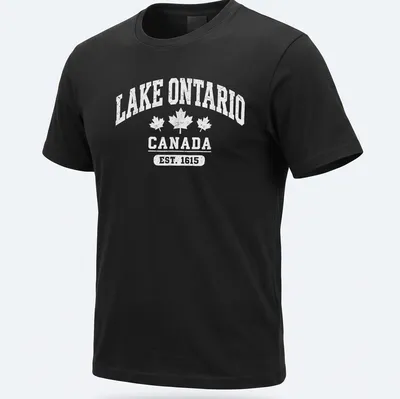 Vintage-style t-shirt featuring Lake Ontario Canada Est. 1615 text — printed on a unisex t-shirt