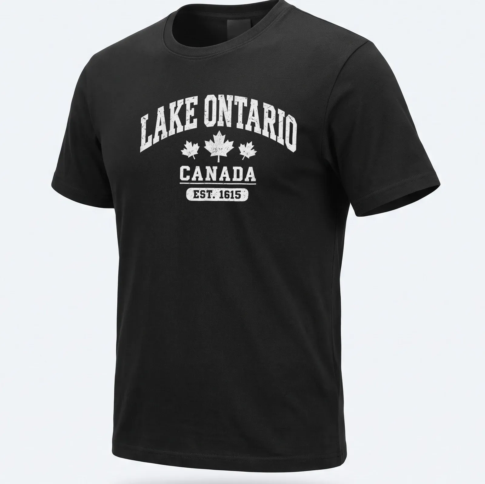 Vintage-style t-shirt featuring Lake Ontario Canada Est. 1615 text — printed on a unisex t-shirt