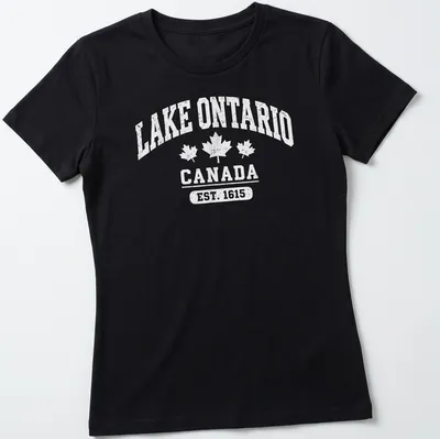 Vintage-style t-shirt featuring Lake Ontario Canada Est. 1615 text — printed on a women's shirt