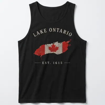 Vintage distressed Lake Ontario shirt featuring Canadian flag and text — printed on a tank top