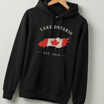 Vintage distressed Lake Ontario shirt featuring Canadian flag and text — printed on a unisex hoodie