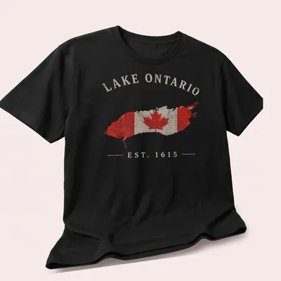 Vintage distressed Lake Ontario shirt featuring Canadian flag and text — printed on a unisex t-shirt (angled view)