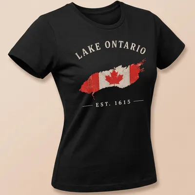 Vintage distressed Lake Ontario shirt featuring Canadian flag and text — printed on a women's shirt
