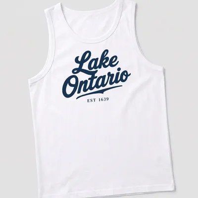 Vintage script Lake Ontario EST 1639 T-shirt in navy blue — printed on a tank top