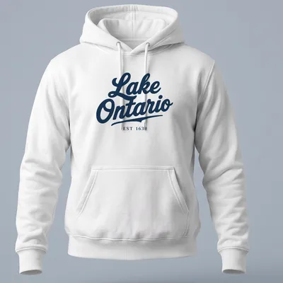 Vintage script Lake Ontario EST 1639 T-shirt in navy blue — printed on a unisex hoodie