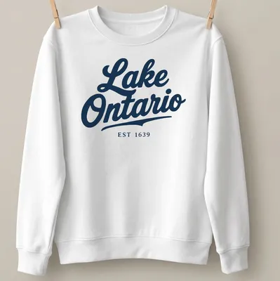 Vintage script Lake Ontario EST 1639 T-shirt in navy blue — printed on a unisex sweatshirt