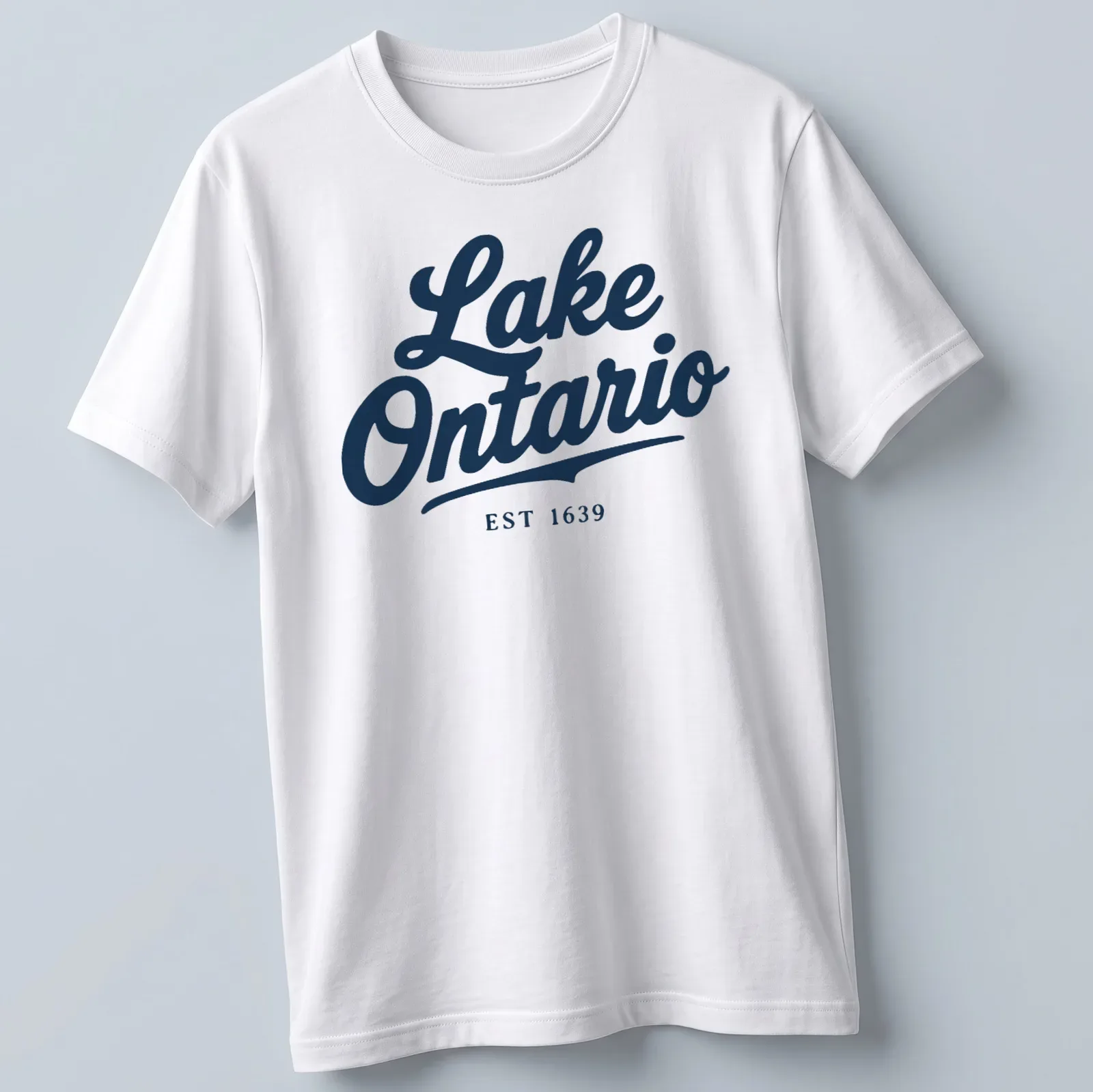 Vintage script Lake Ontario EST 1639 T-shirt in navy blue — printed on a unisex t-shirt