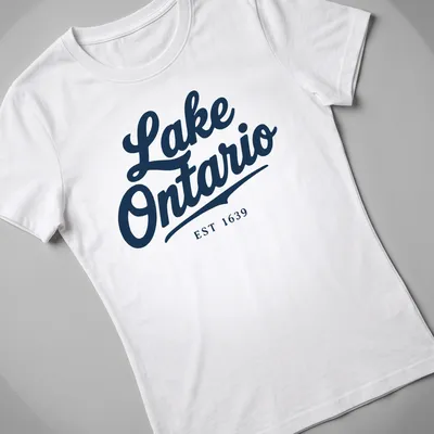 Vintage script Lake Ontario EST 1639 T-shirt in navy blue — printed on a women's shirt