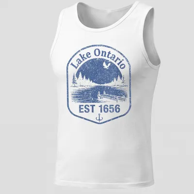 Vintage distressed Lake Ontario dock scene with blue and white colors and established date. — printed on a tank top