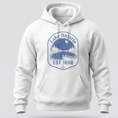 Vintage distressed Lake Ontario dock scene with blue and white colors and established date. — printed on a unisex hoodie