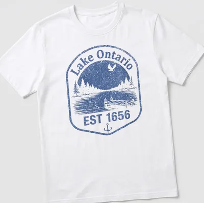 Vintage distressed Lake Ontario dock scene with blue and white colors and established date. — printed on a unisex t-shirt