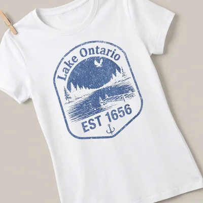 Vintage distressed Lake Ontario dock scene with blue and white colors and established date. — printed on a women's shirt