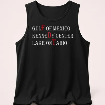 Retro graphic t-shirt featuring Gulf of Mexico Kennedy Center and Lake Ontario text in red and white — printed on a tank top