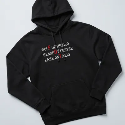 Retro graphic t-shirt featuring Gulf of Mexico Kennedy Center and Lake Ontario text in red and white — printed on a unisex hoodie