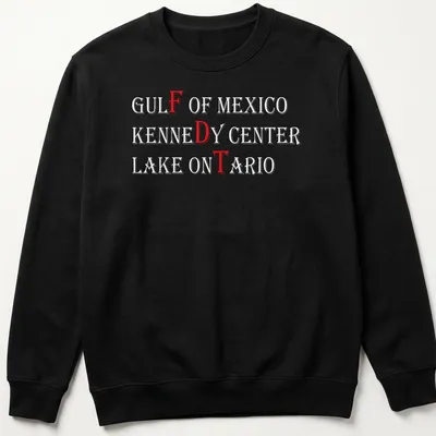 Retro graphic t-shirt featuring Gulf of Mexico Kennedy Center and Lake Ontario text in red and white — printed on a unisex sweatshirt