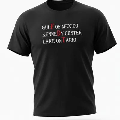 Retro graphic t-shirt featuring Gulf of Mexico Kennedy Center and Lake Ontario text in red and white — printed on a unisex t-shirt