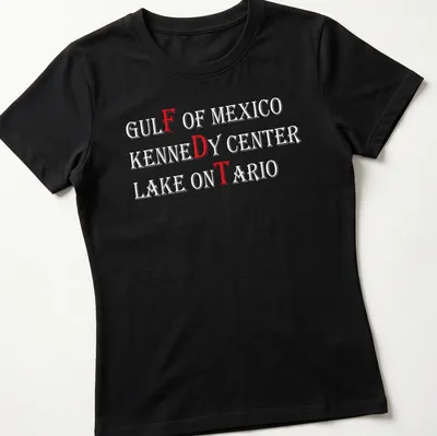 Retro graphic t-shirt featuring Gulf of Mexico Kennedy Center and Lake Ontario text in red and white — printed on a women's shirt