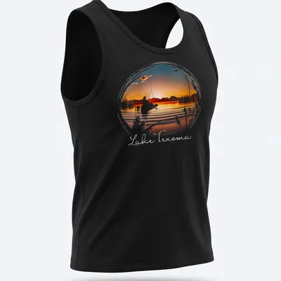 Silhouette of a fisherman against a sunset with 'Lake Texoma' text — printed on a tank top