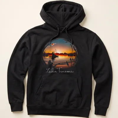 Silhouette of a fisherman against a sunset with 'Lake Texoma' text — printed on a unisex hoodie