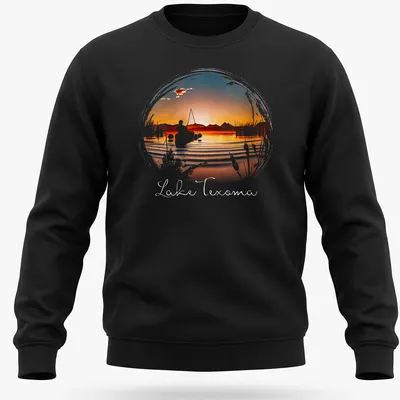 Silhouette of a fisherman against a sunset with 'Lake Texoma' text — printed on a unisex sweatshirt