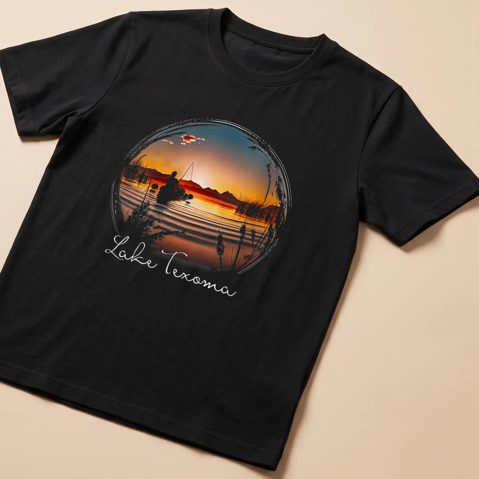Silhouette of a fisherman against a sunset with 'Lake Texoma' text — printed on a unisex t-shirt