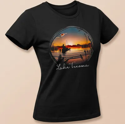 Silhouette of a fisherman against a sunset with 'Lake Texoma' text — printed on a women's shirt