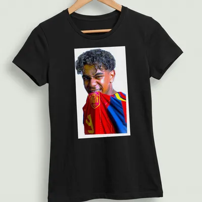 Photographic print of Lamine Yamal in Spain national team colors. — printed on a women's shirt