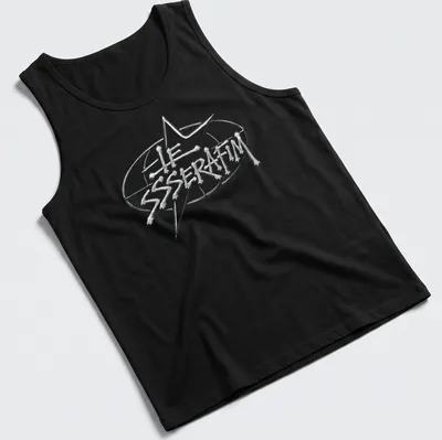 Modern sleek Le Sserafim logo T-shirt in white on a transparent background — printed on a tank top